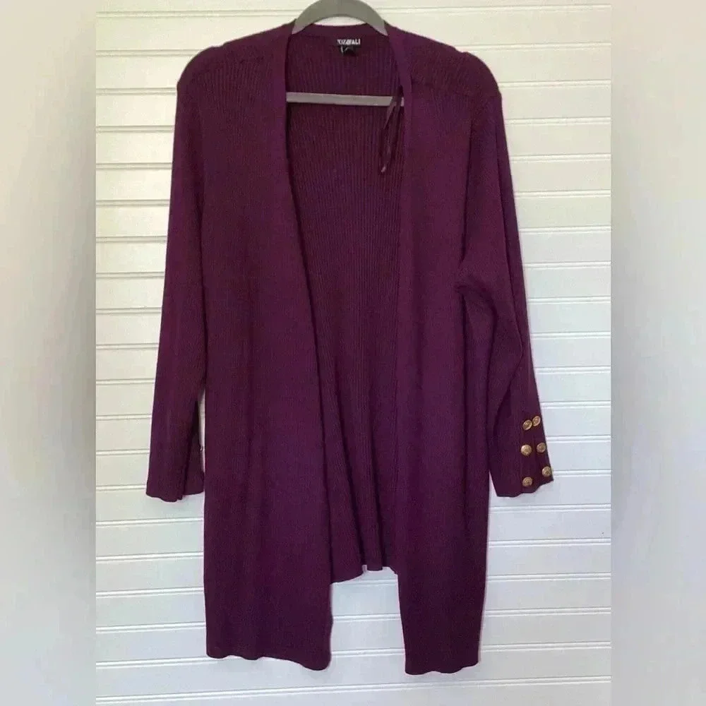 Roz&Ali Womens 3X Plum Purple Open Lon Sleeve Cardigan Ribbed knit Golden Button